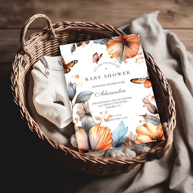 Invitation Baby Shower Papillon Fleurir Aquarelle (Créateur téléchargé)