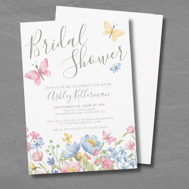 Invitation Baby Shower Papillon Fleurs des Champs (Watercolor Wildflower Butterfly Bridal Shower Invitation)
