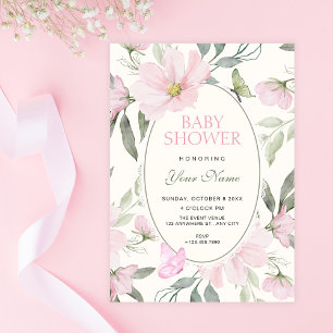Invitation Baby shower papillon floral doux rose