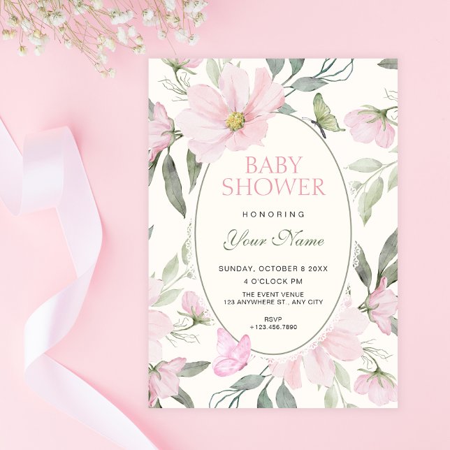 Invitation Baby shower papillon floral doux rose (Créateur téléchargé)