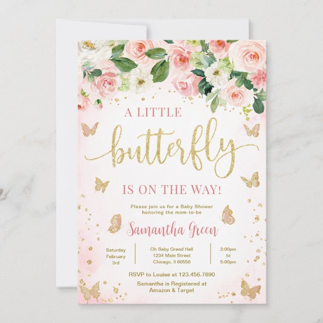 Invitation Baby shower papillon floral fille (Devant)