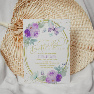Invitation Baby shower papillon floral pourpre et or