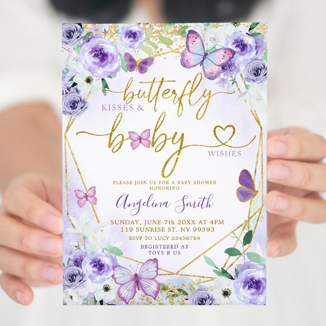 Invitation Baby shower papillon floral pourpre et or (Créateur téléchargé)