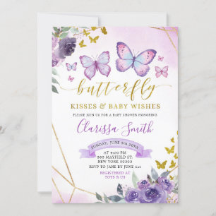 Invitation Baby shower papillon floral pourpre et or