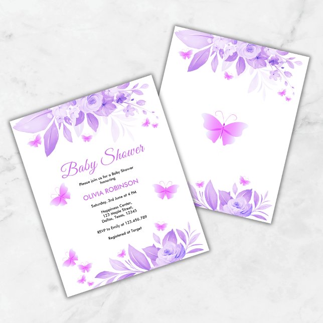 Invitation Baby shower papillon floral violet budg (Budget Purple Floral Baby Girl Butterfly Baby Shower Invitation )