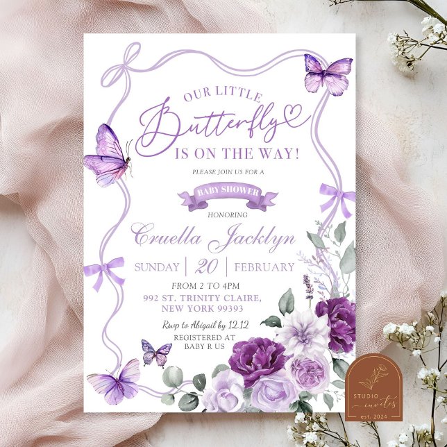 Invitation Baby Shower Papillon Floral Violet Lilas (Créateur téléchargé)