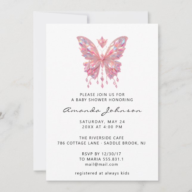 Invitation Baby shower Papillon Girl Cristaux à la broche bla (Devant)