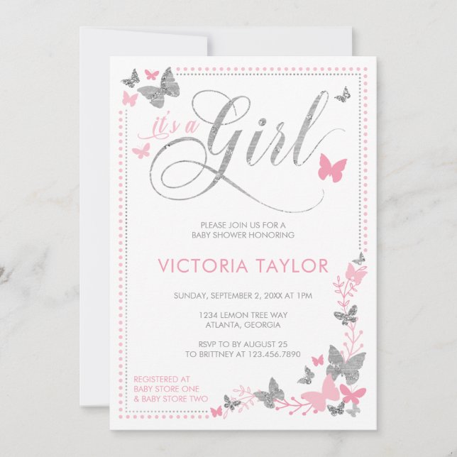 Invitation Baby shower papillon Invitation, Rose, Argent (Devant)