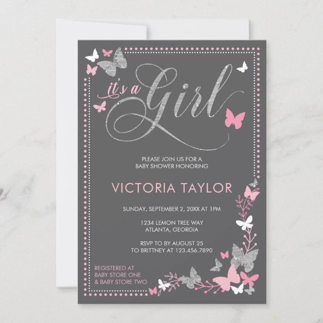 Invitation Baby shower papillon Invitation, rose, gris (Devant)