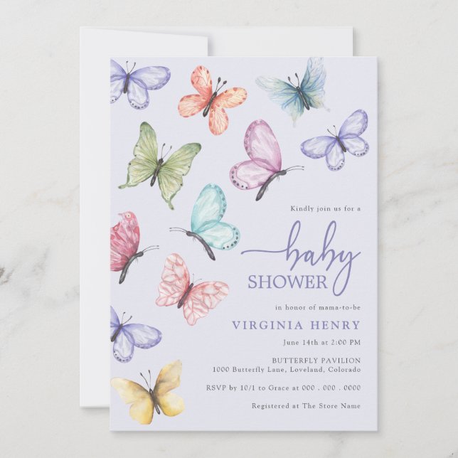 Invitation Baby shower papillon lavande (Devant)