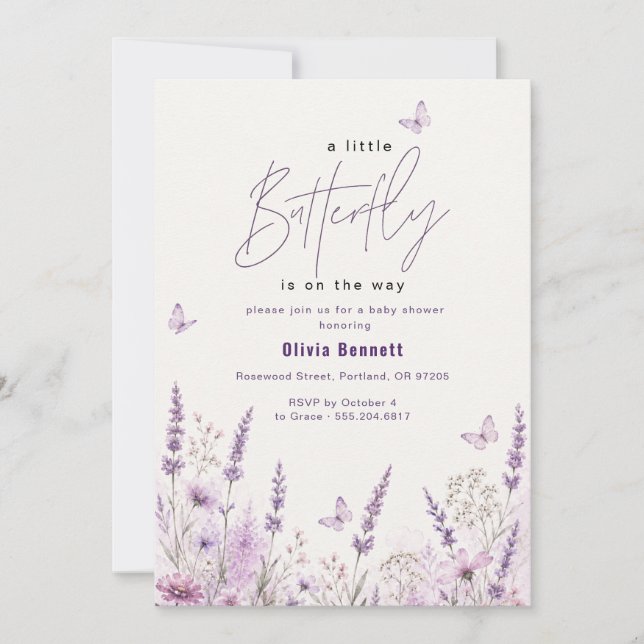 Invitation Baby Shower Papillon Lilas Violet (Devant)
