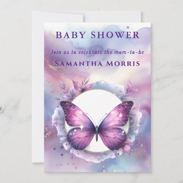 Invitation Baby Shower Papillon Pailleté Violet (Devant)