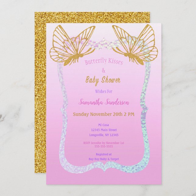 Invitation Baby shower papillon Parties scintillant rose et o (Devant / Derrière)