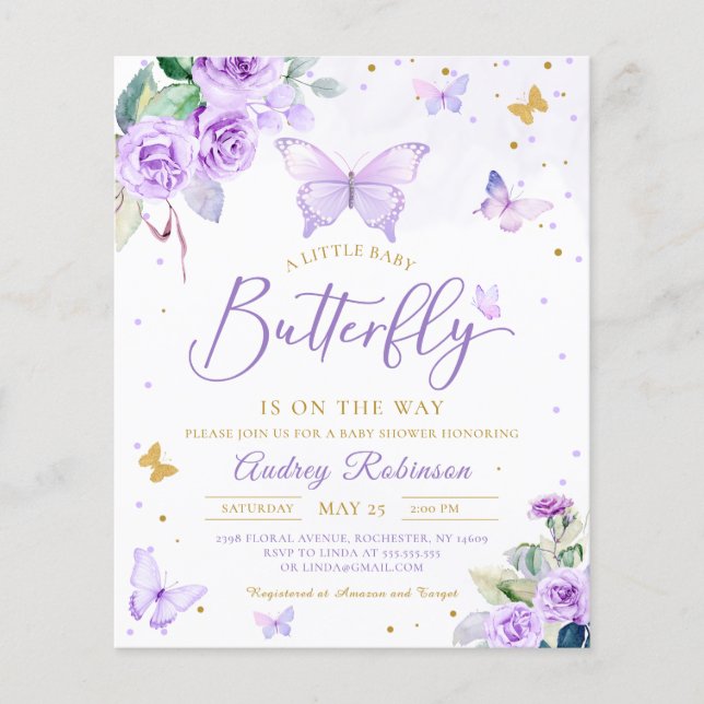 Invitation Baby shower papillon Purple Budget (Devant)