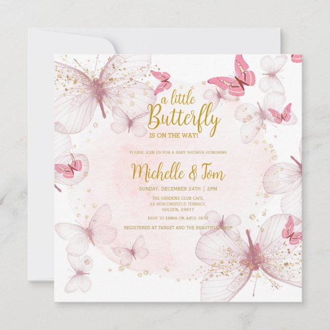 Invitation Baby shower papillon rose (Devant)