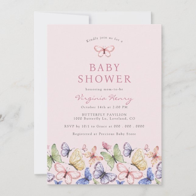 Invitation Baby Shower Papillon Rose (Devant)
