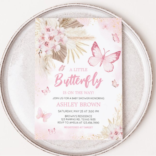Invitation Baby shower papillon rose (Girl Butterfly Pampas Grass Baby Shower Invitation)