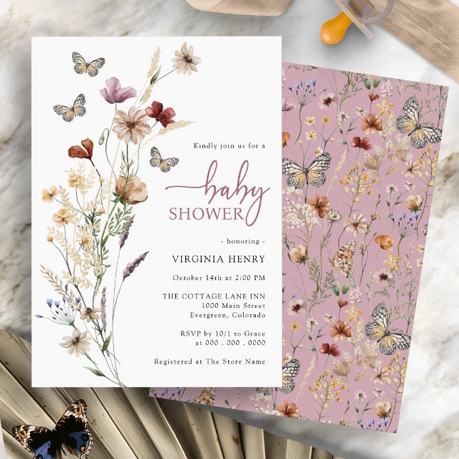 Invitation Baby Shower Papillon Rose (Pink Boho Wildflower Butterfly Baby Shower Invitation by Painted Paperie)