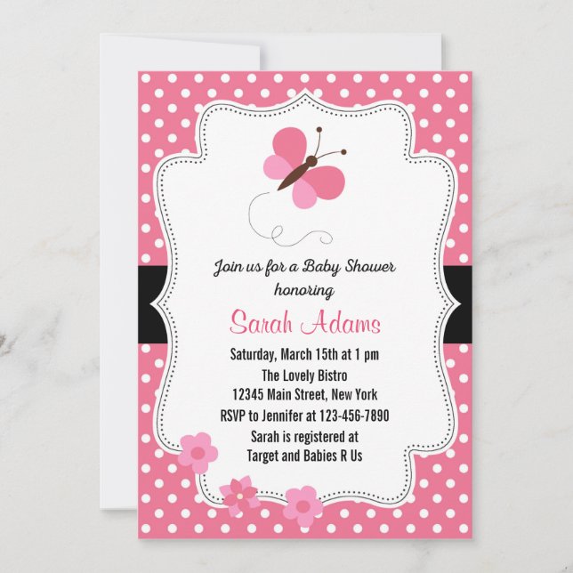 Invitation Baby shower Papillon rose (Devant)