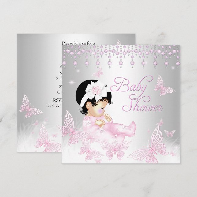 Invitation Baby shower Papillon Rose Argent Pailleté (Devant / Derrière)