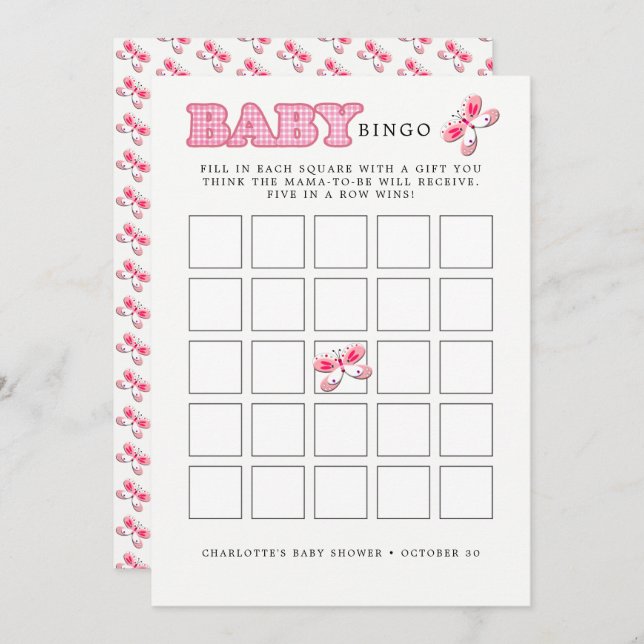 Invitation baby shower Papillon rose bébé fille Bingo Card (Devant / Derrière)