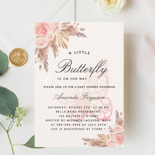 Invitation Baby shower papillon rose beige pampas herbe