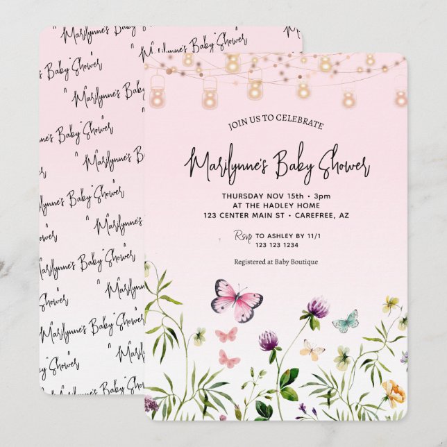 Invitation Baby Shower Papillon Rose Écriture Manuscrit Fleur (Devant / Derrière)