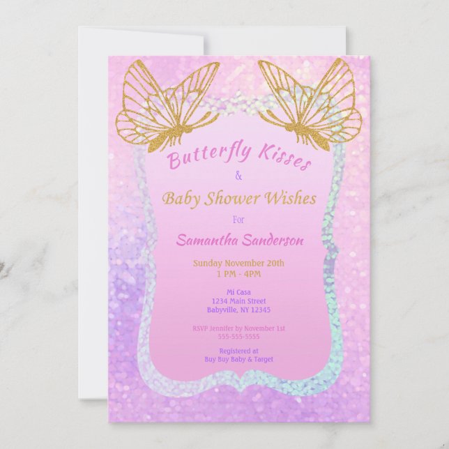 Invitation Baby shower papillon Rose et Gold Butterfly Kiss (Devant)