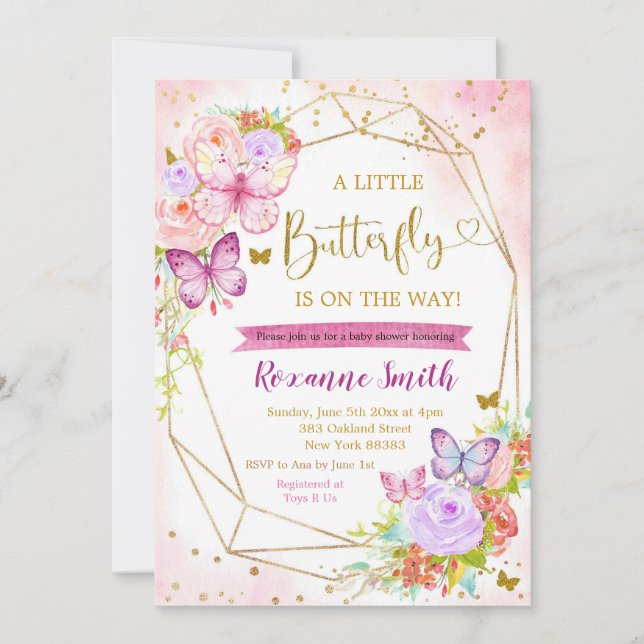 Invitation Baby shower papillon rose et pourpre (Devant)