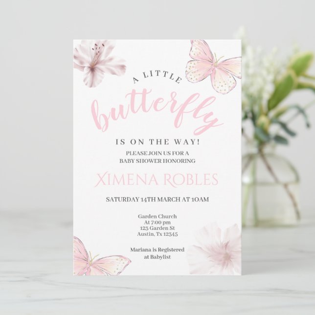 Invitation Baby shower papillon rose fille (Debout devant)