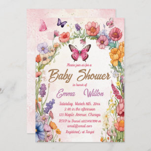 Invitation Baby shower papillon rose Jardin floral