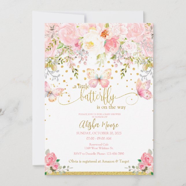 Invitation Baby shower papillon rose or (Devant)