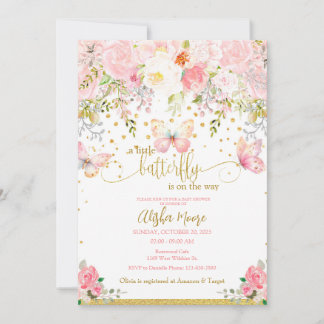 Invitation Baby shower papillon rose or