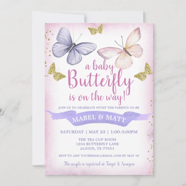 Invitation Baby shower papillon rose pourpre (Devant)