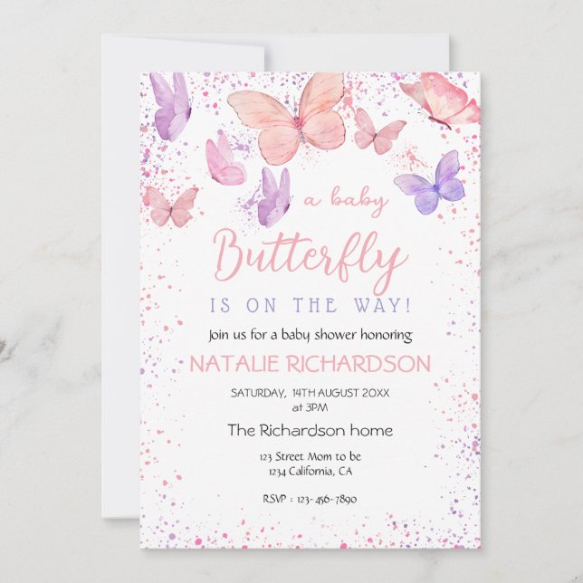 Invitation Baby Shower Papillon Rose Violet  (Devant)