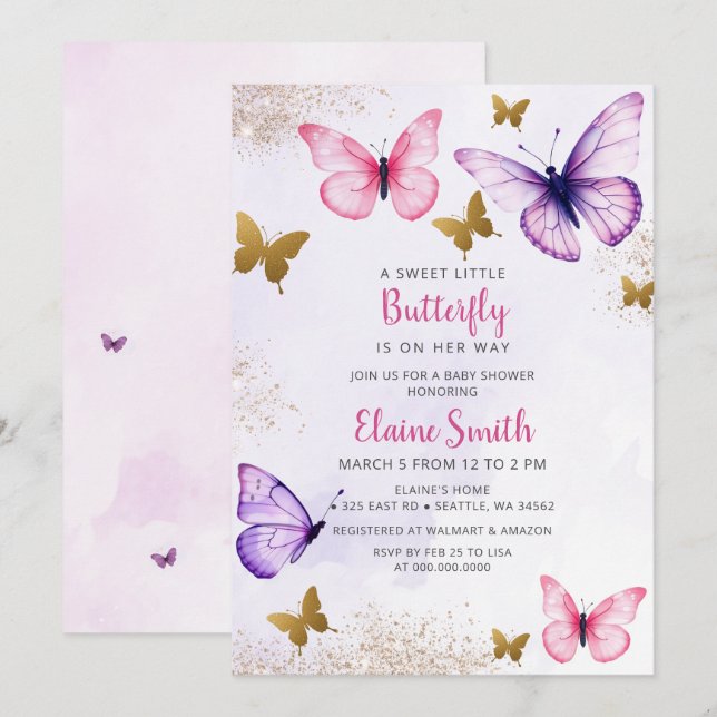 Invitation Baby Shower Papillon Rose Violet  (Devant / Derrière)