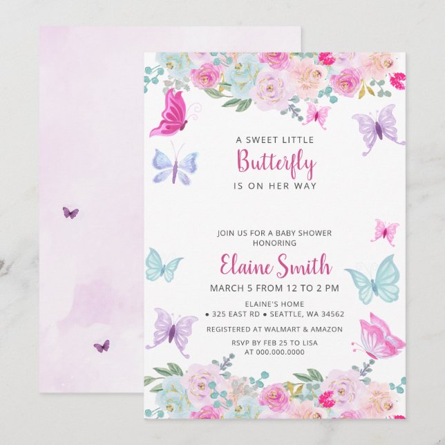 Invitation Baby Shower Papillon Rose Violet  (Devant / Derrière)