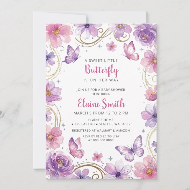 Invitation Baby Shower Papillon Rose Violet  (Devant)