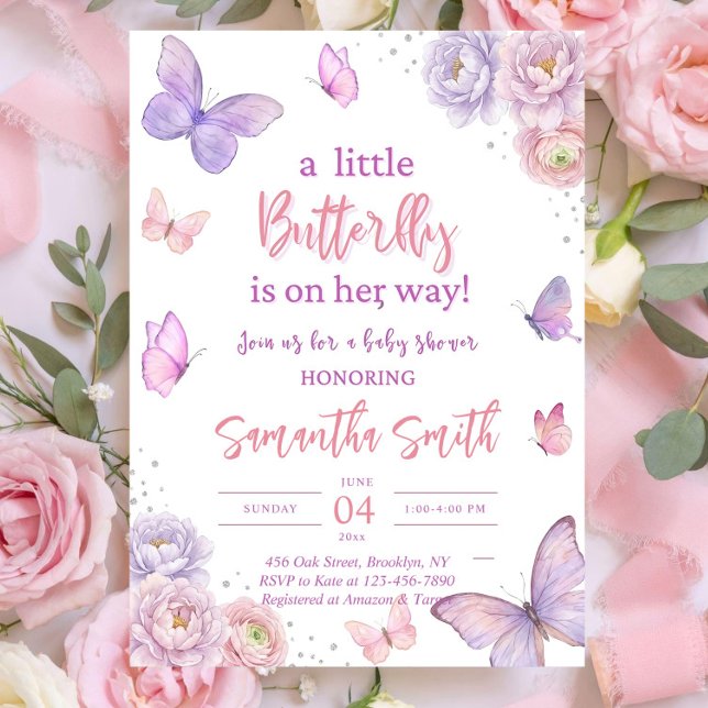 Invitation Baby Shower Papillon, Rose Violet (Créateur téléchargé)