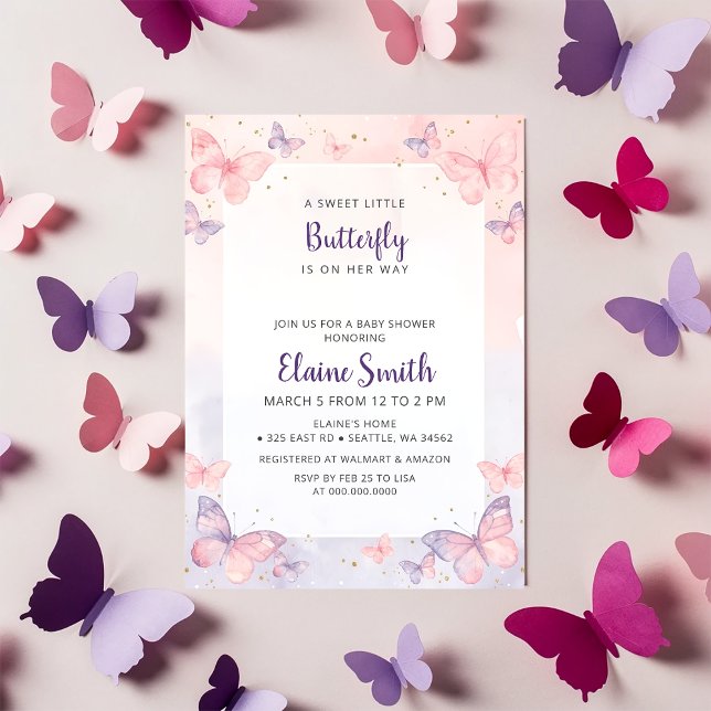 Invitation Baby Shower Papillon Rose Violet  (Pink Purple Butterfly Baby Shower Invitation)