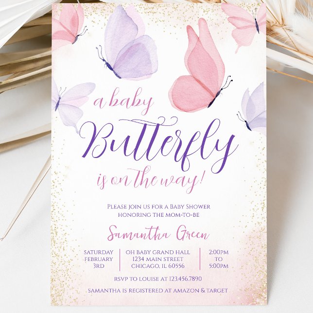 Invitation Baby Shower Papillon Rose Violet (Créateur téléchargé)