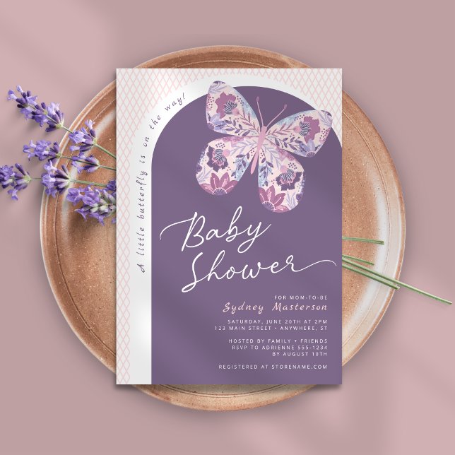 Invitation Baby shower papillon rose violet (Shown on a 5" x 7" card)