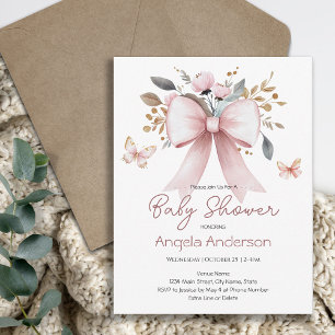 Invitation Baby Shower Papillon Ruban Rose Floral Élégant