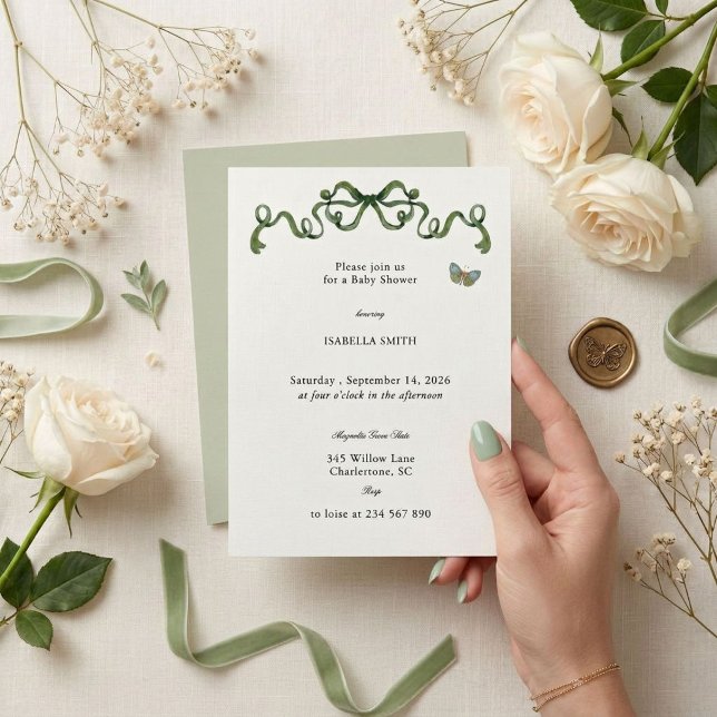 Invitation Baby Shower Papillon Ruban Vert (Créateur téléchargé)