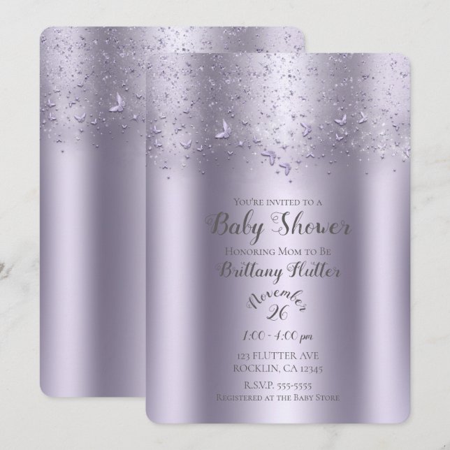 Invitation Baby Shower Papillon scintillant lilas (Devant / Derrière)