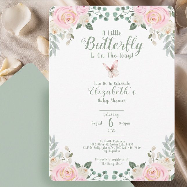 Invitation Baby Shower Papillon Vert et Pêche (Créateur téléchargé)