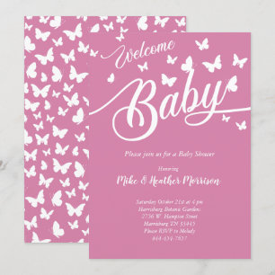 Invitation Baby shower papillon Vintage fille rose