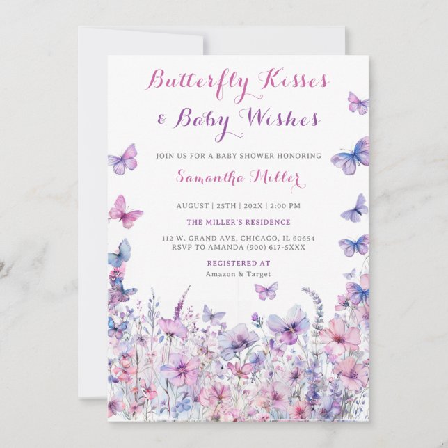 Invitation Baby Shower Papillon Violet (Devant)