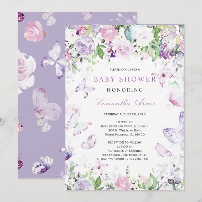 Invitation Baby Shower Papillon Violet  (Devant / Derrière)