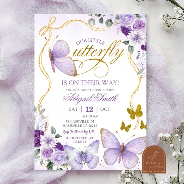 Invitation Baby Shower Papillon Violet Coquette (Créateur téléchargé)